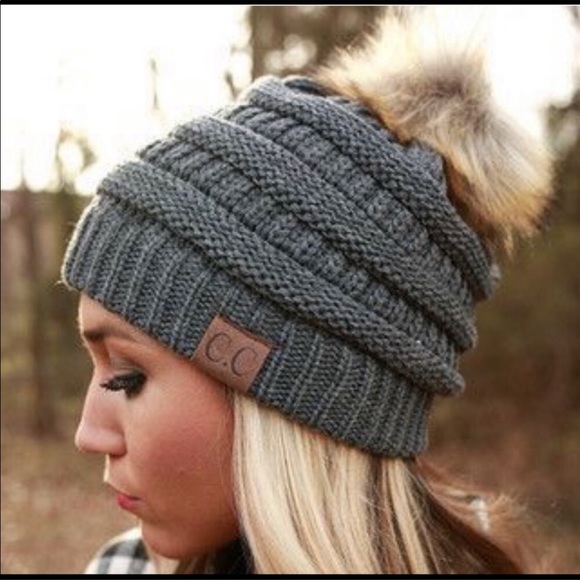 Grey Melange Cable Knit Pom Beanie main image 1